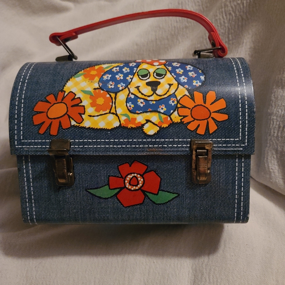 Vintage Denim Daisy Dog Metal Dome Lunchbox by Aladdin Ind Inc 1970s